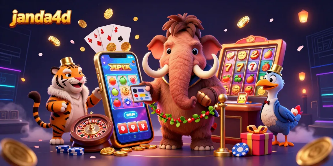 Gambarlah janda4d slot dengan gajah bulu, macan, dan burung dodo, serta elemen permainan kasino.