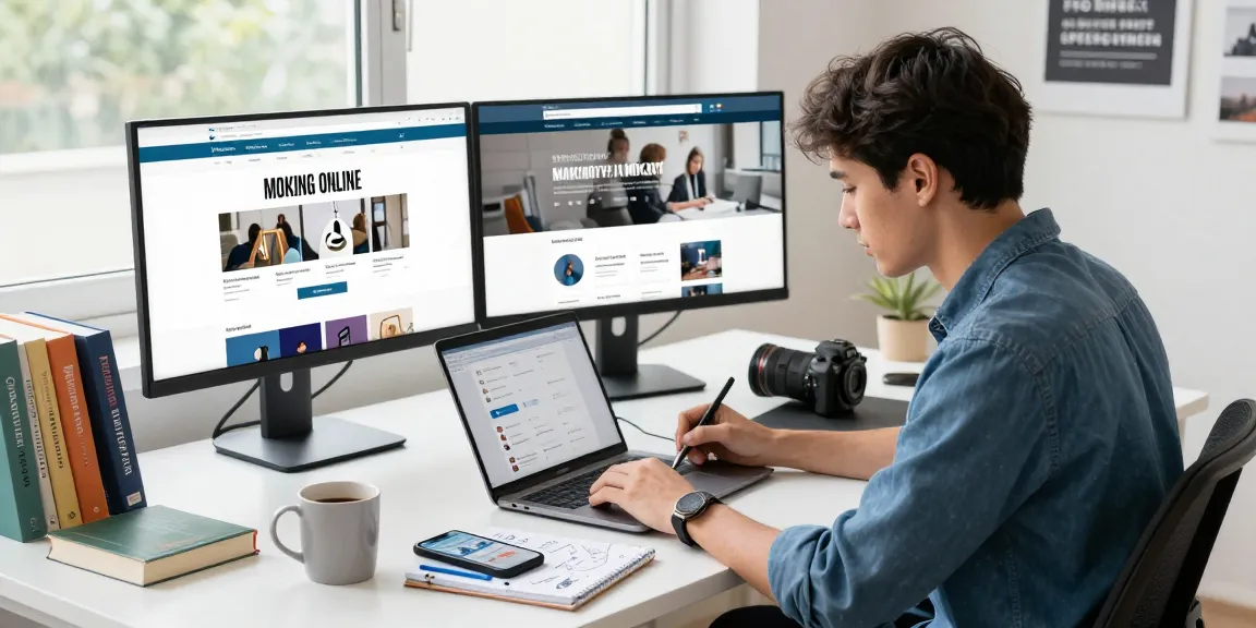Young entrepreneur writing a Want to make money online article in a modern workspace, surrounded by motivational elements.