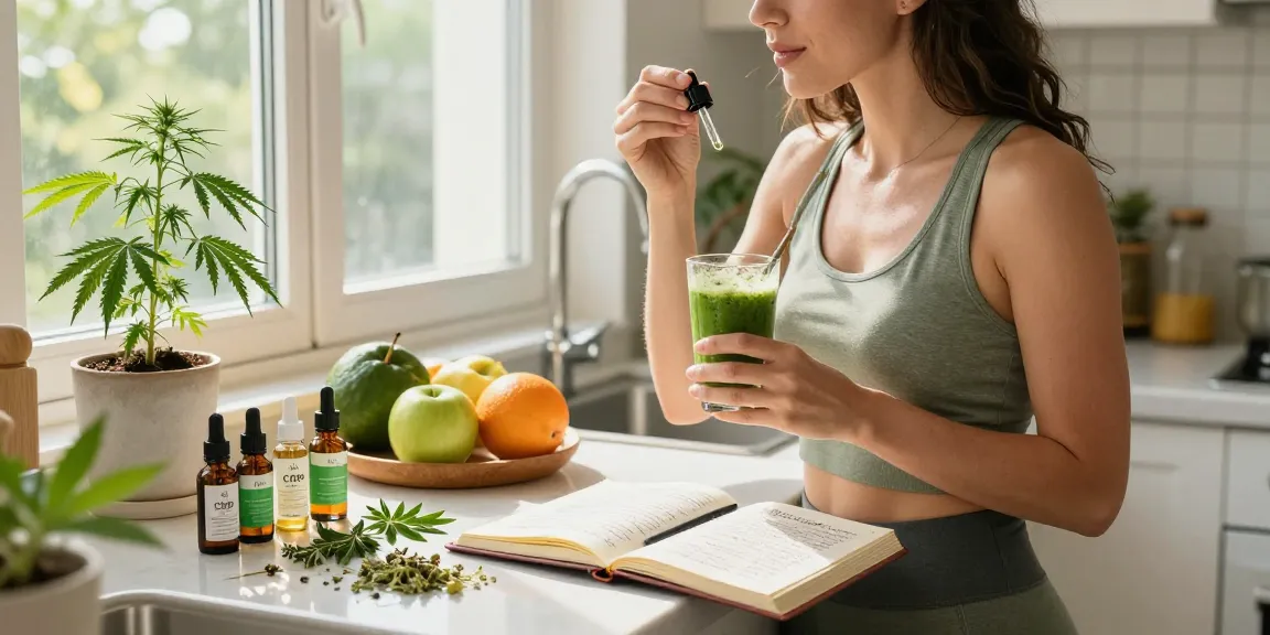 Ministry of Cannabis CBD oil and wellness products in a bright kitchen with fresh hemp plants and healthy smoothie.