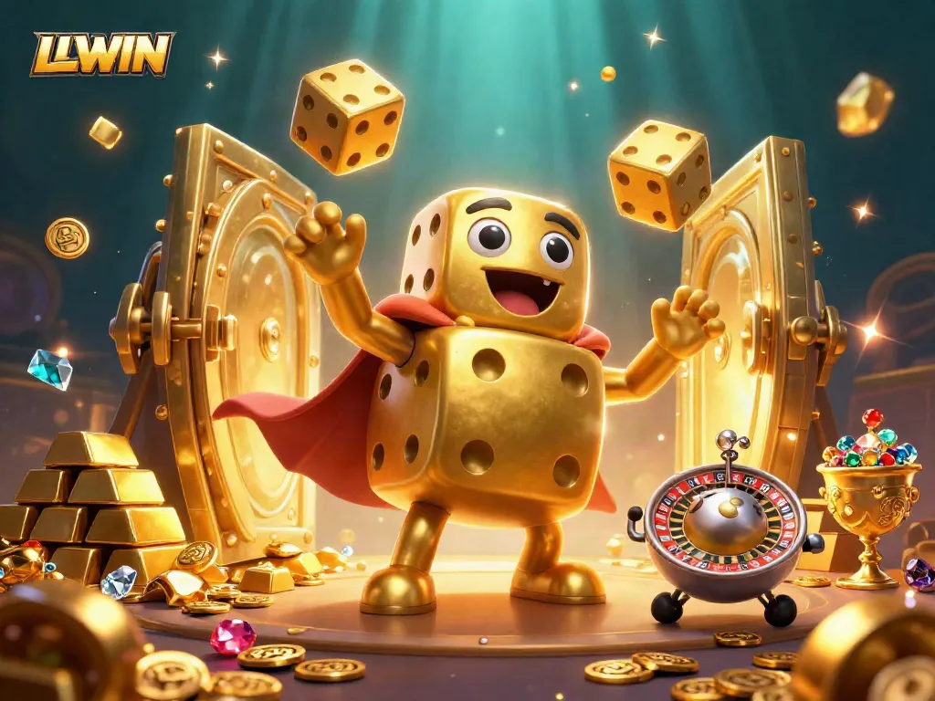 Engage with LLWIN's thrilling gaming scene featuring golden dice and vibrant casino elements.