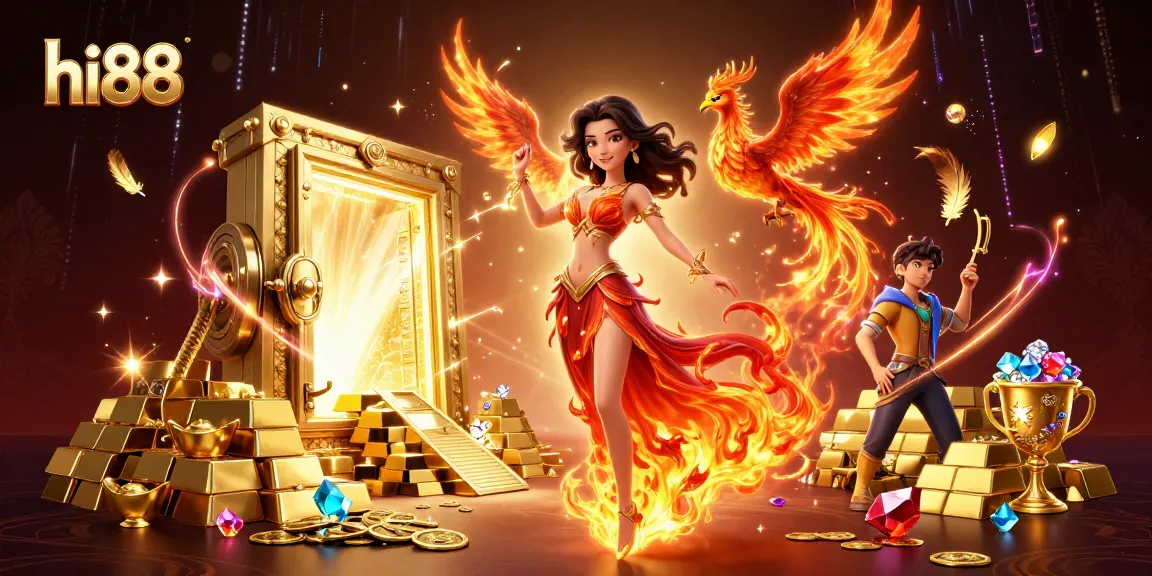 Engage in thrilling gameplay at hi88 with a photorealistic Asian woman, phoenix, and treasure elements.