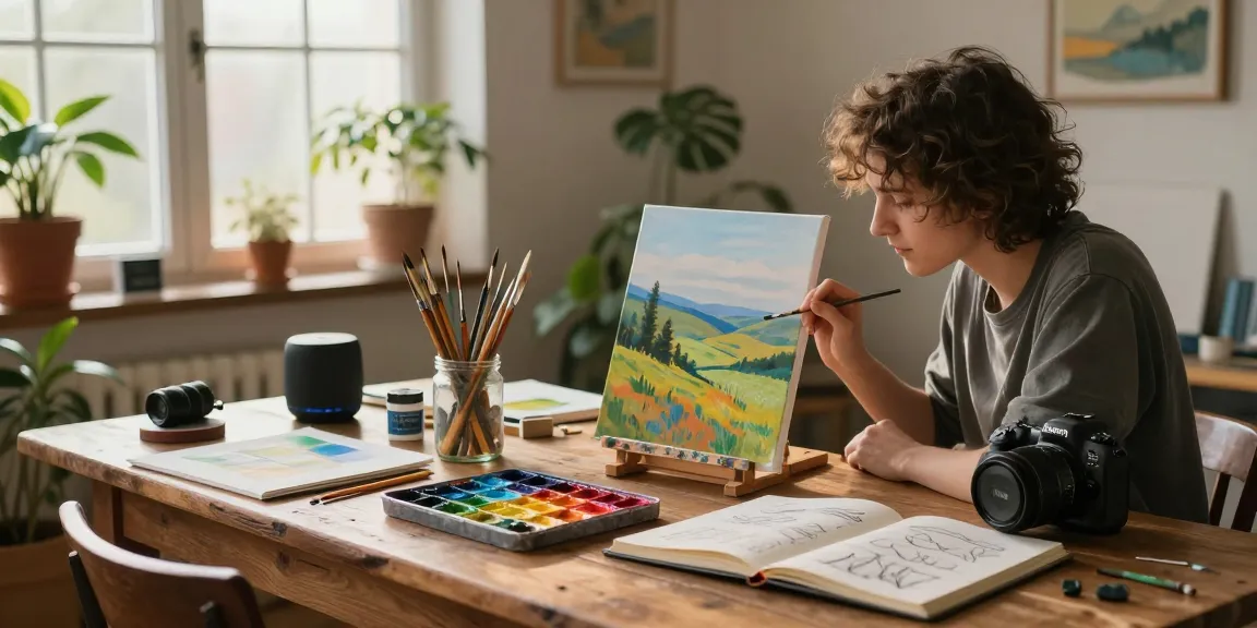Individual using a paint kit in a cozy home studio, creating art with vibrant acrylic paints and a pre-printed canvas.