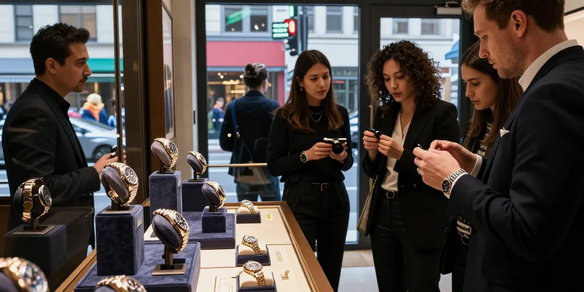 A stylish urban scene showcasing a watch enthusiast examining a Rolex replica in a luxury boutique surrounded by friends and vibrant city life.
