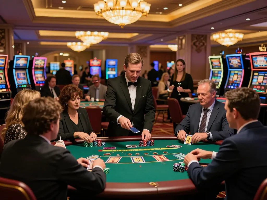 Players strategizing and placing bets at a lively blackjack table in 92slot casino, highlighting the vibrant atmosphere.