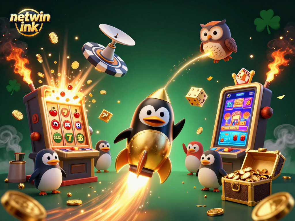 Experience the thrill of casino gaming with netwin ink featuring a vibrant 3D rocket-powered penguin in action.