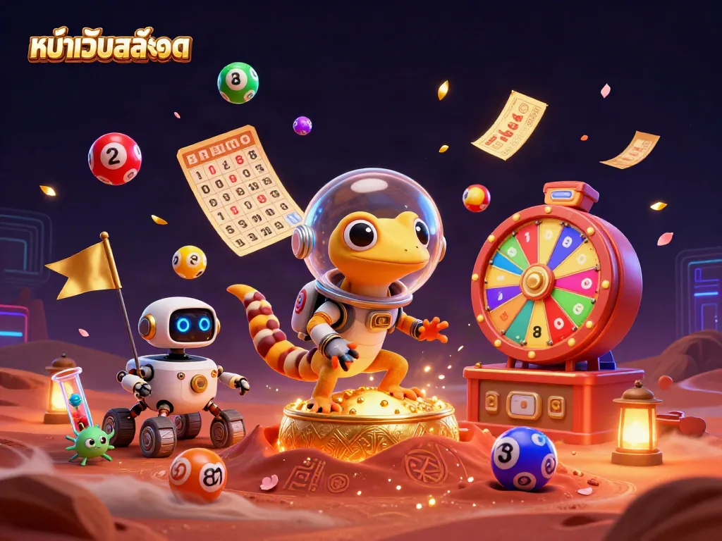 Engage with the exciting features of หน้าเว็บสล็อต showcasing a Martian character discovering a vibrant golden casino.