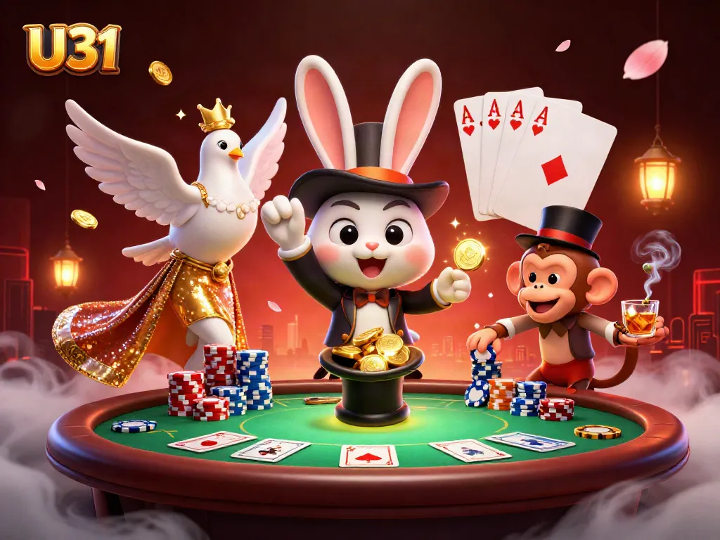 U31 casino scene featuring a magician rabbit, dove, and monkey amidst poker elements and vibrant colors.
