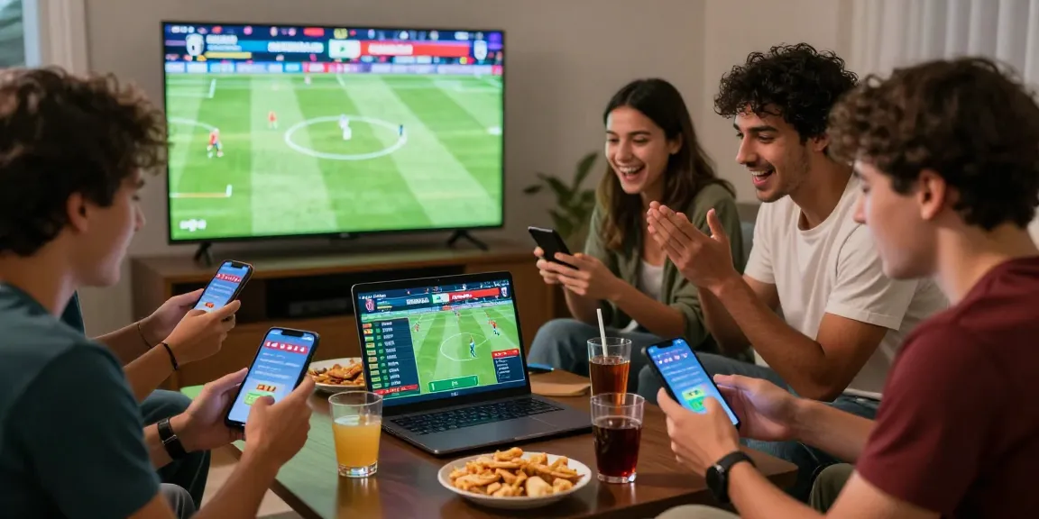 Excited friends engaging in online sports betting with displays of current matches and betting details, reading more about the 2026 World Cup.