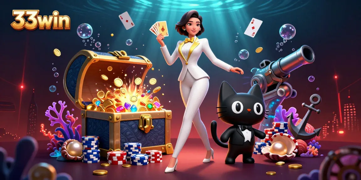Play poker and win big with 33win in an exciting, vibrant casino illustration.