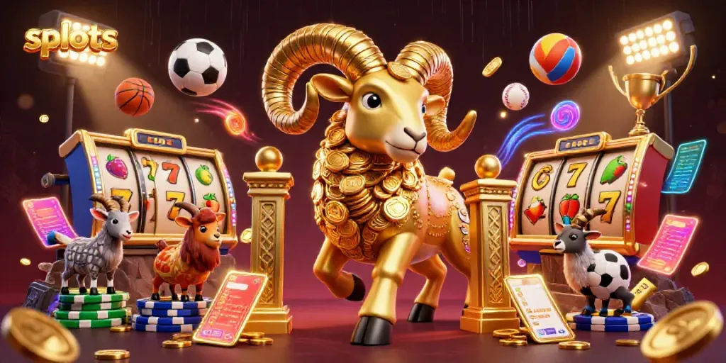 Experience thrilling slots action with a dynamic scene of a golden ram charging at a slot machine jackpot.
