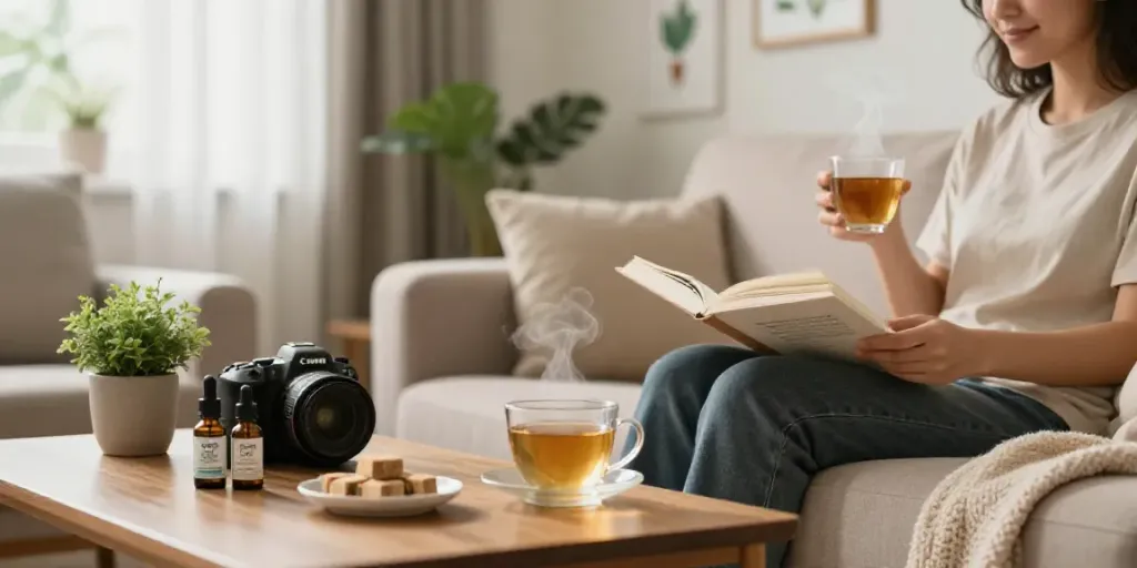 Enjoying CBD kaufen products in a tranquil living room with tea and wellness books.