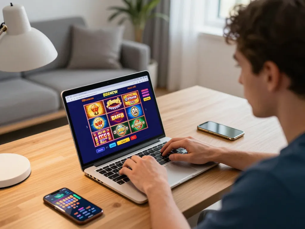 Engaging online gameplay with 888NEW showcasing exciting slot games on a laptop in a cozy setting.