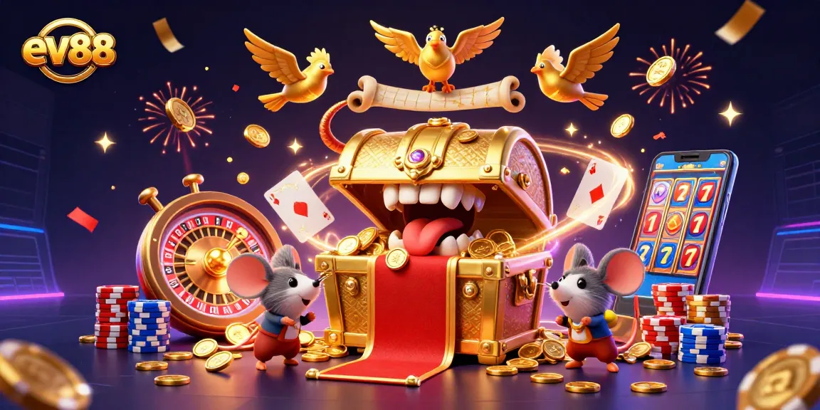 ev88 captivates players with vibrant casino adventure featuring gold coins, cards, and treasures.