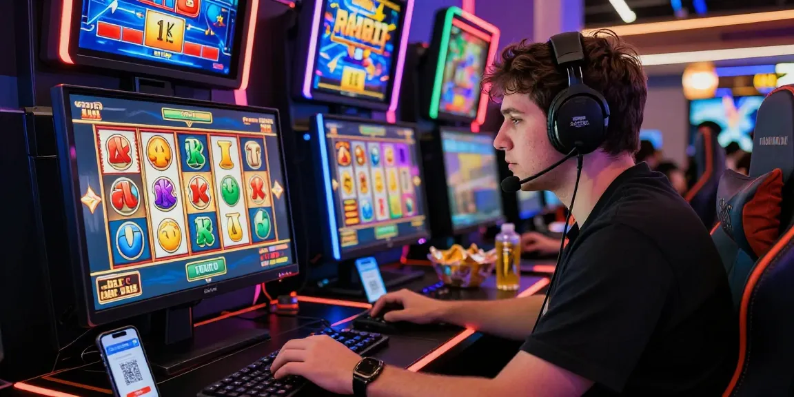 Player engaging in online gaming, spinning slot machines with QR code payment for slot deposit 1k, colorful graphics, and energetic atmosphere.