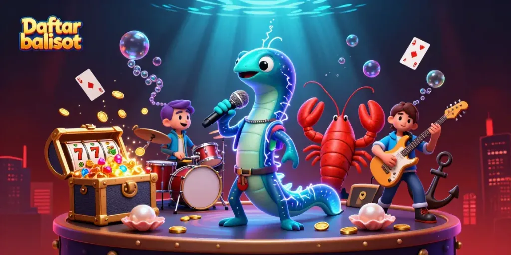 Engage with Daftar balisot in this vibrant underwater casino scene featuring DJ eel and lively musicians.