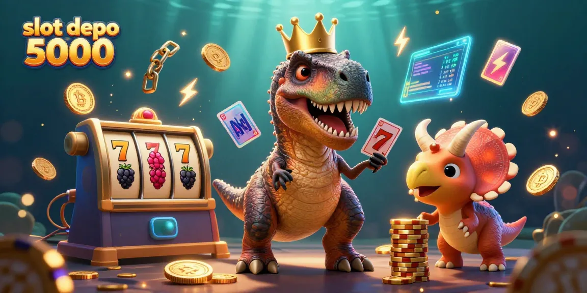 Spin winning reels in slot depo 5000 with colorful coins, cards, and playful dinosaurs.