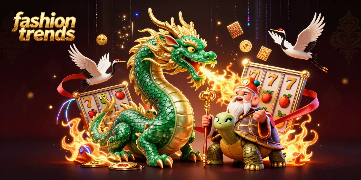 Experience fashion trends in a vibrant casino scene with a dragon and lucky symbols.