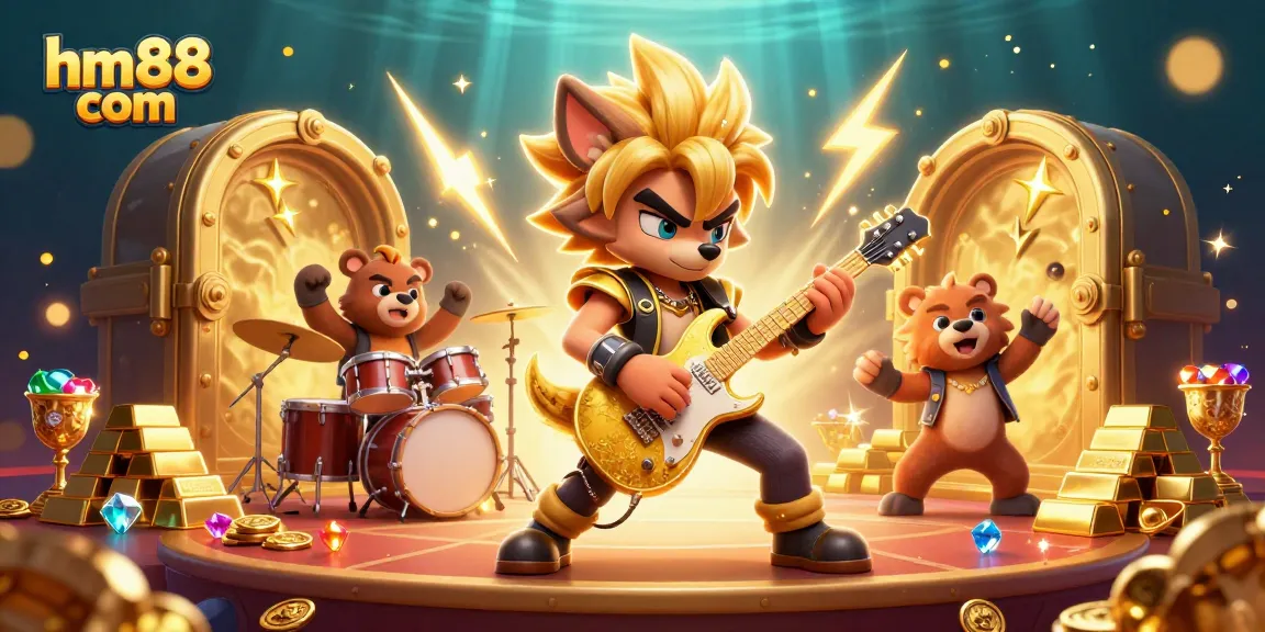 Experience winning at hm88 com with a lively casino scene featuring a rock star wolf and a drummer bear surrounded by gold treasures.