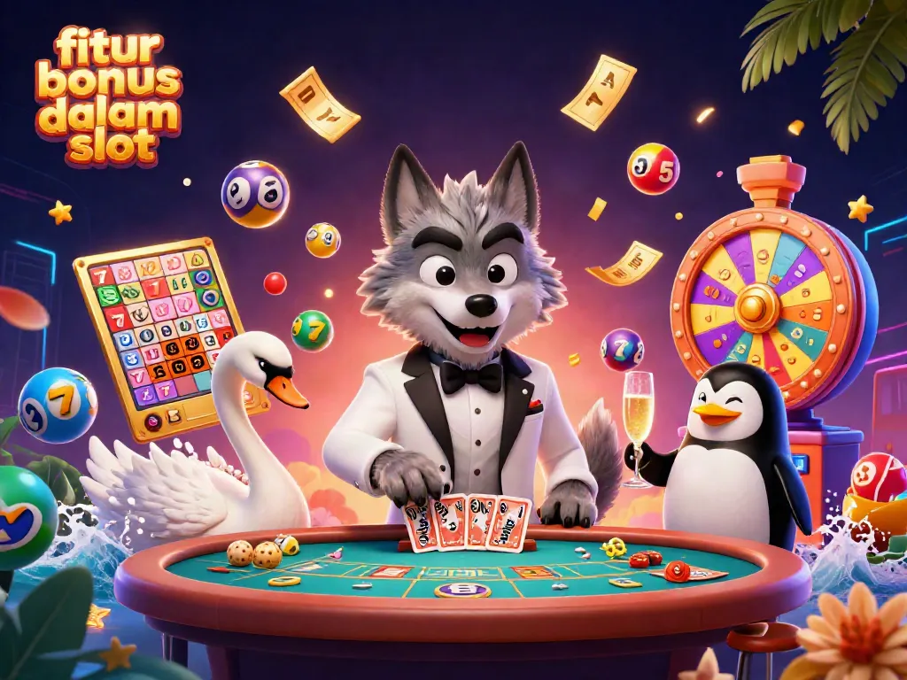 Ilustrasi fitur bonus dalam slot dengan karakter menarik dalam suasana kasino yang dinamis.