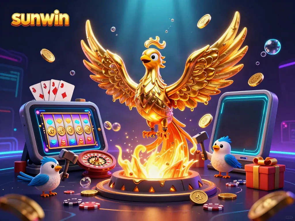 Win big with sunwin's immersive 3D casino gaming illustration showcasing vibrant slot games and dynamic casino elements.