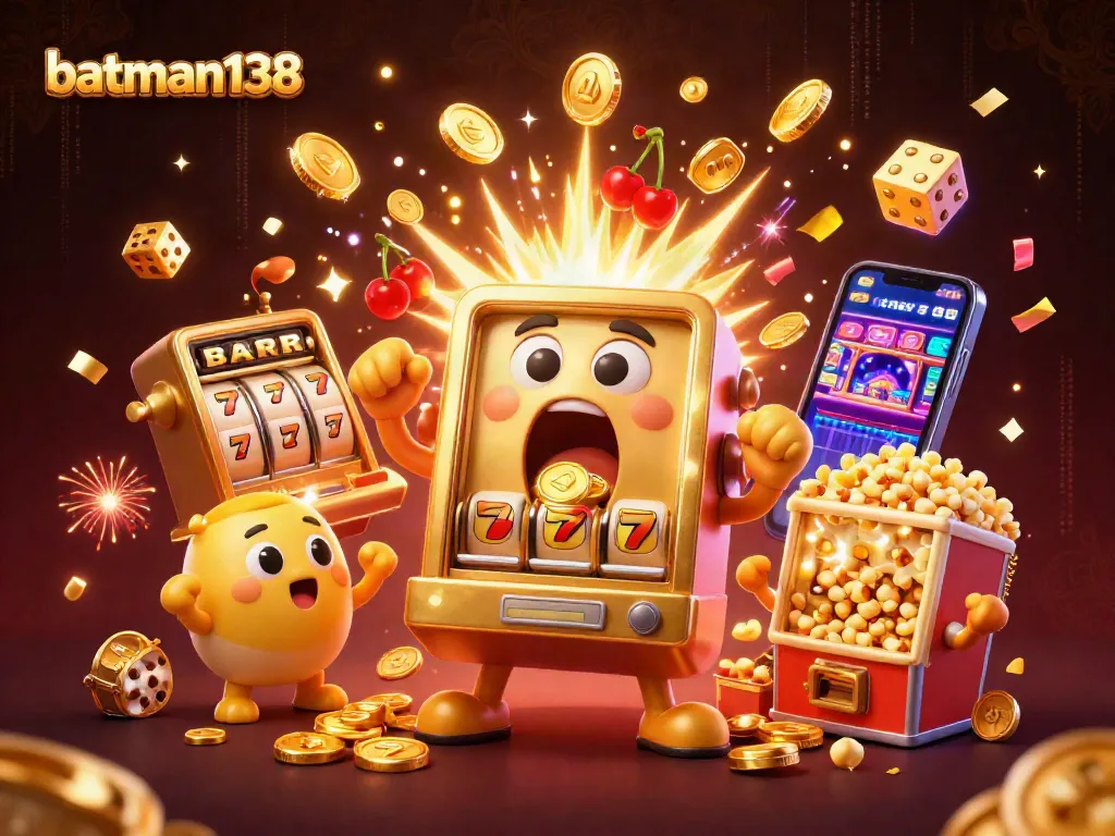 batman138 mesin slot merayakan jackpot dengan koin melimpah dan slot kecil bersorak