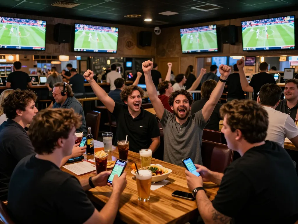 Fans engaged in exciting sports betting at keonhacai, using apps on smartphones during live games.