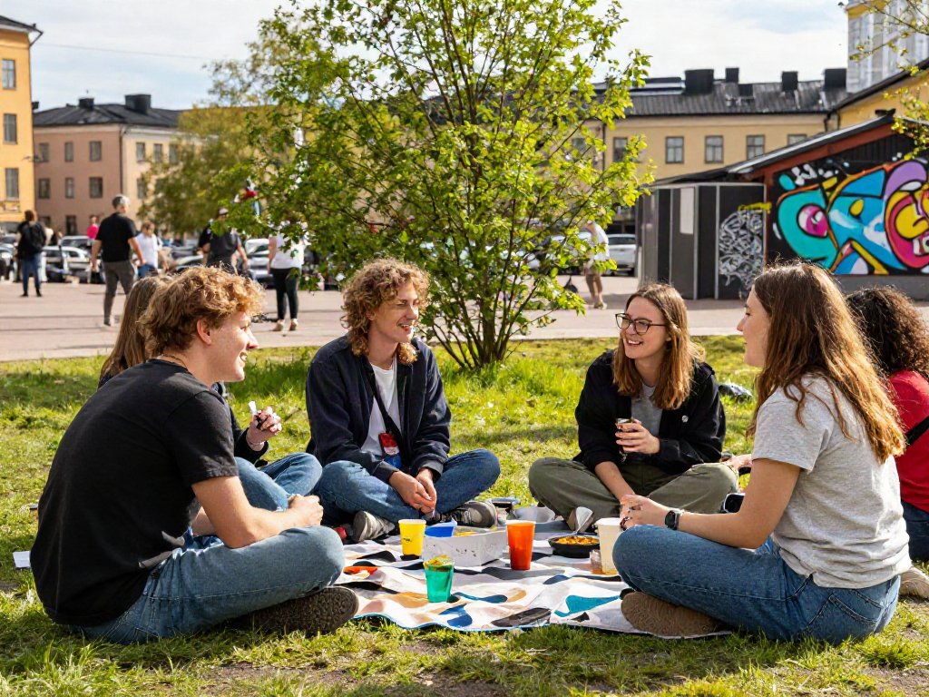 Weed In Helsinki Near Me - Young adults enjoying cannabis lifestyle in lively urban park