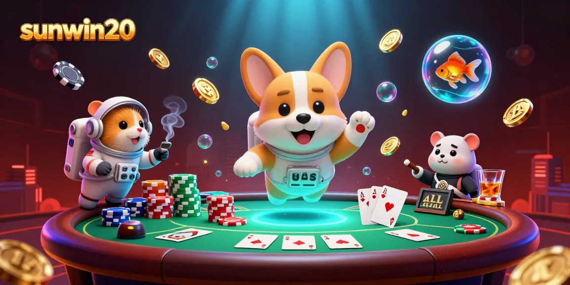 Engage in thrilling game sessions with sunwin20's vibrant 3D casino scene featuring playful characters.