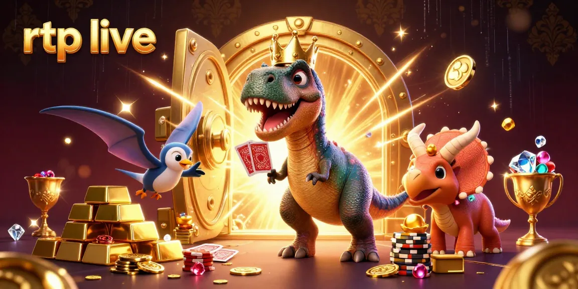 Experience thrilling gameplay with rtp live as a dinosaur duo shuffle cards and stack chips in a casino setting.