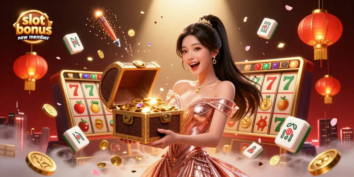 Experience the excitement of the slot bonus new member with a dazzling treasure chest and joyful character.