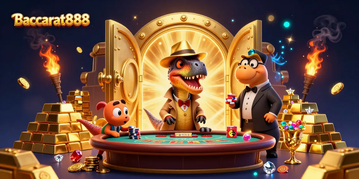 Baccarat888 showcases a 3D velociraptor card counter at a blackjack table, full of gold and gems in a vibrant casino scene.