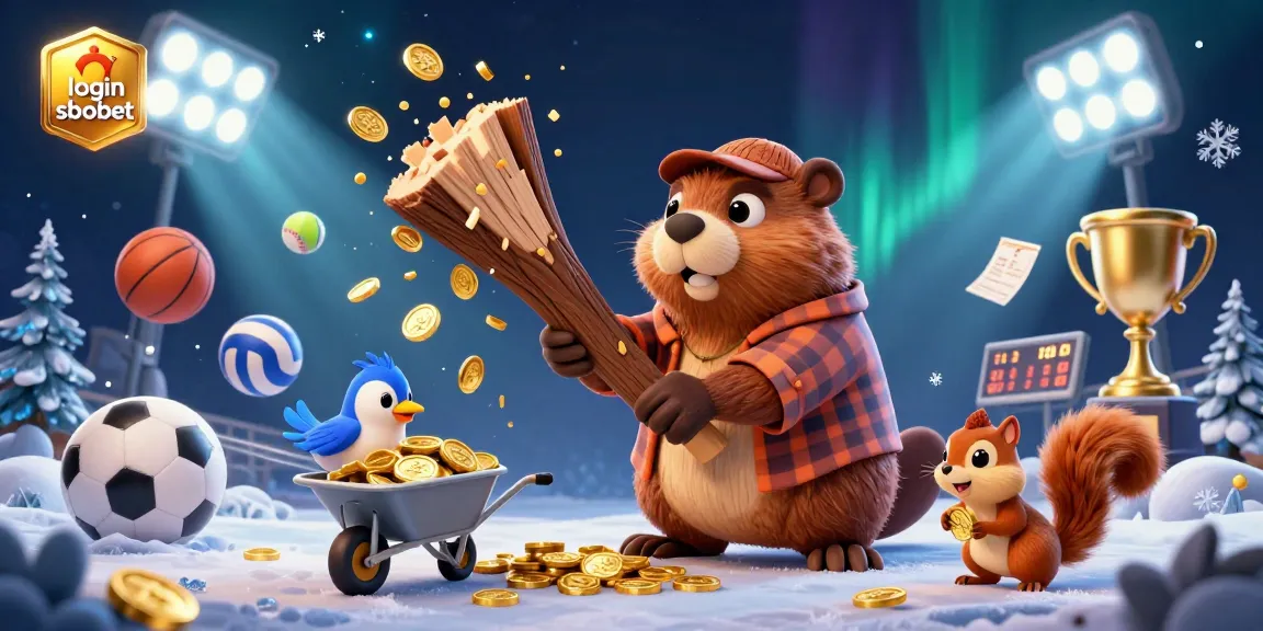 Join the excitement with login sbobet; a charming beaver and friends celebrate sports betting with gold coins and dynamic game elements.