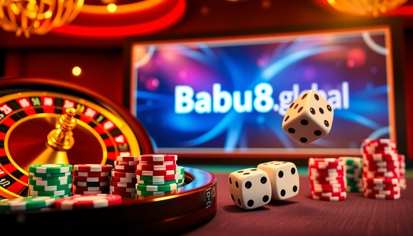 Bets being placed on a roulette wheel and poker chips representing Babu88.global's casino offerings.