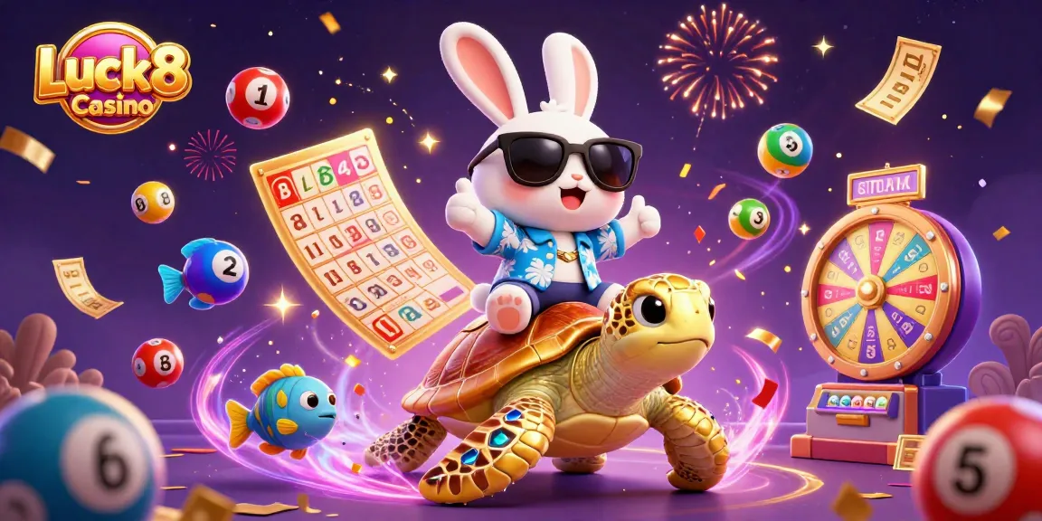 Engage in fun with Luck8 Casino, featuring a lucky rabbit and a golden turtle in a festive atmosphere.
