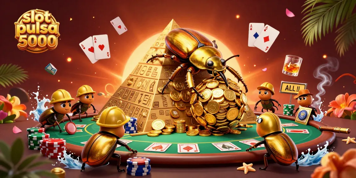 Slot pulsa 5000 menampilkan ilustrasi kasino yang menarik dengan elemen slot dan koin emas.