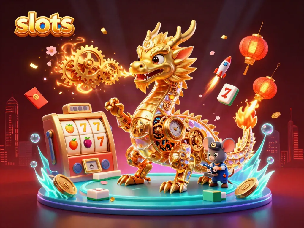 Experience thrilling slots action with a mechanical dragon exuding golden gears amid cascading slot reels.