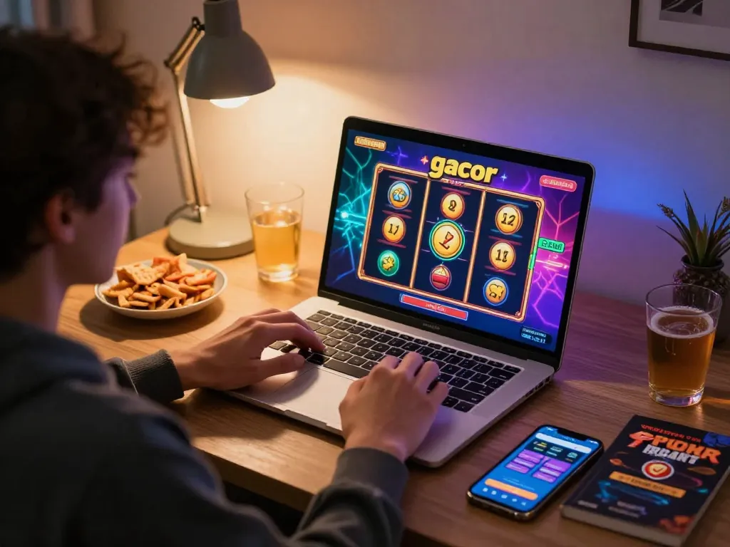 Player enjoying slot gacor game on laptop in cozy home setting, highlighting online gambling excitement.
