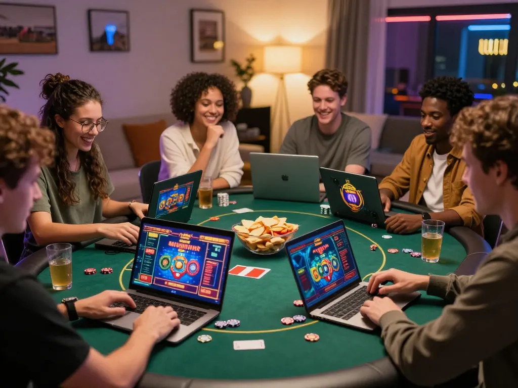 Exciting online casino moment at home with friends celebrating a win, showcasing link 8kbet 2026.