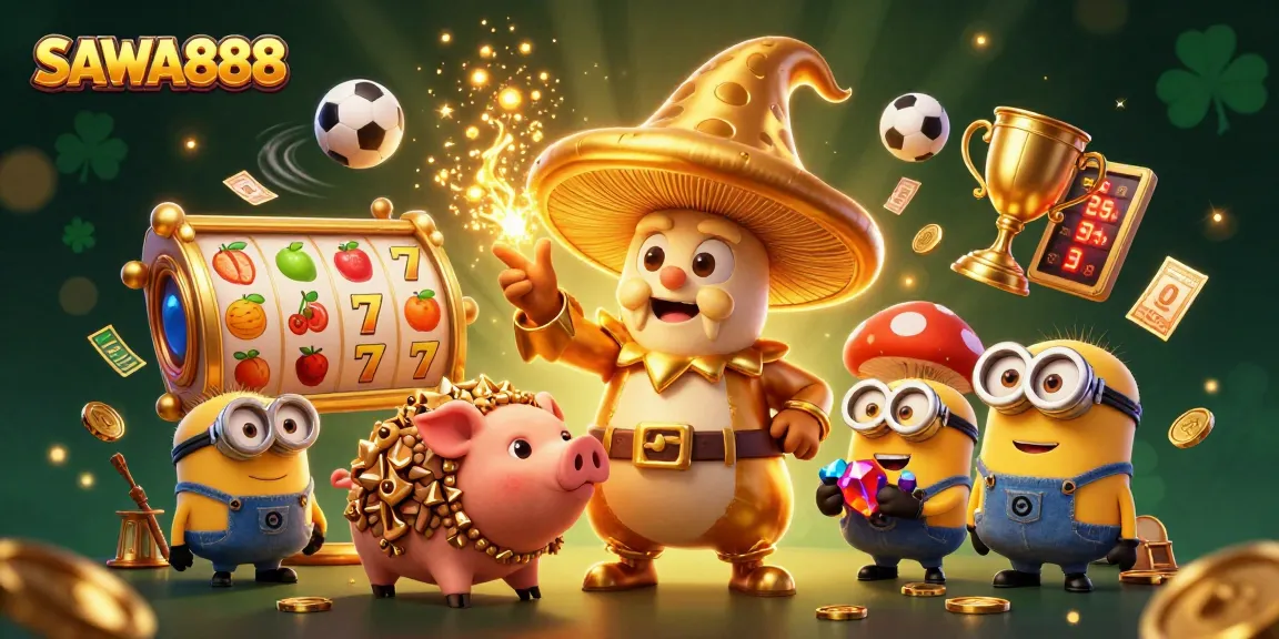 Engage with SAWA888's vibrant casino world featuring magical elements, slot reels, and dynamic gameplay.