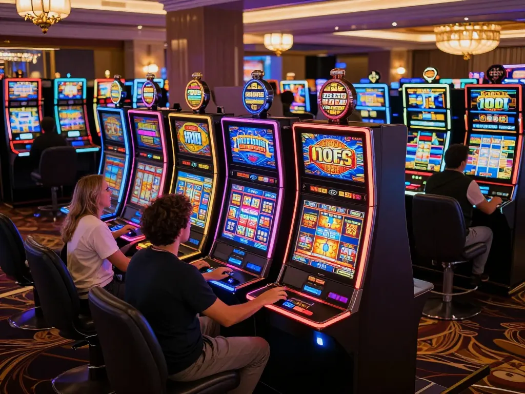 Exciting players celebrating wins while placing a slot bet 100 on colorful slot machines in a busy casino.