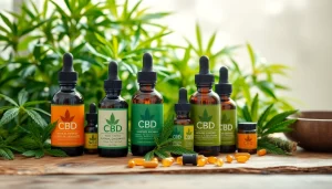 Showcase of CBD products in a wellness setting with lush surroundings and a natural ambiance.