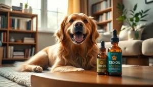 Happy dog with CBD For Pet oil in a cozy setting, showcasing a relaxed and healthy lifestyle.