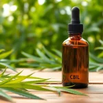 Showcasing a glass bottle of CBD Oil surrounded by hemp leaves in a natural light setting.
