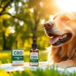 Golden retriever with CBD Oil For Dog bottle in a sunny park setting, showcasing health and relaxation.