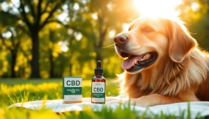 Golden retriever with CBD Oil For Dog bottle in a sunny park setting, showcasing health and relaxation.