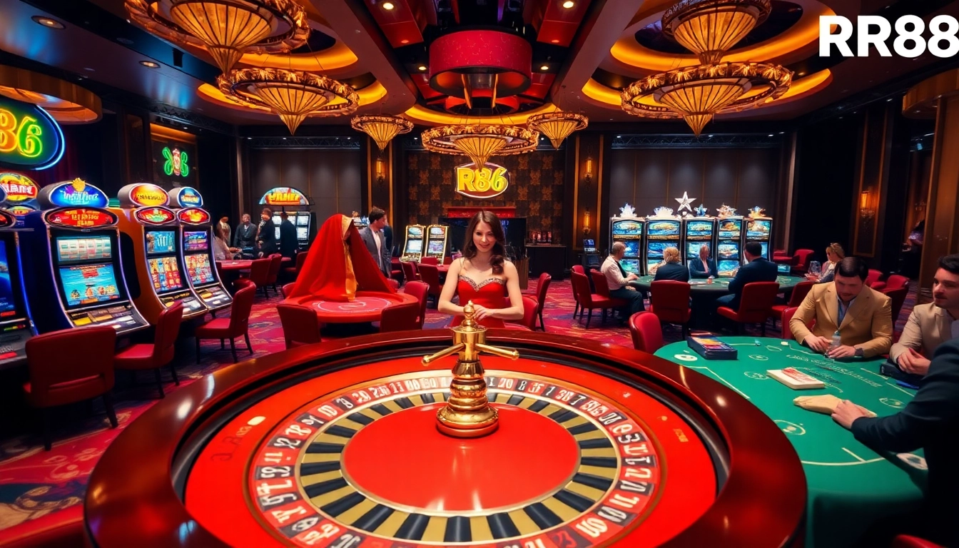Players engaging with the exciting environment of RR88's vibrant casino, focusing on roulette and poker games.