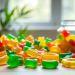 Indulge in colorful Weed Gummies displayed invitingly on a wooden table with greenery in the background.