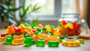 Indulge in colorful Weed Gummies displayed invitingly on a wooden table with greenery in the background.