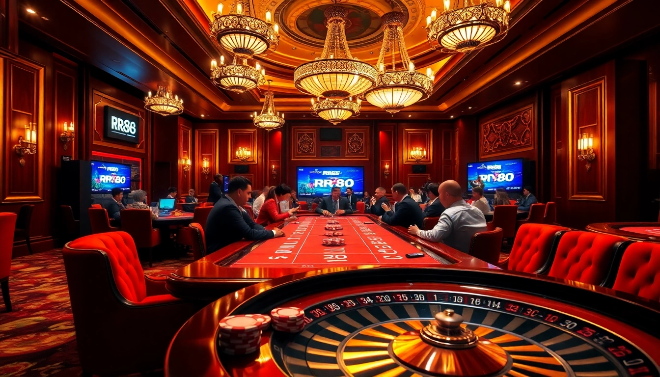 Experience the excitement of RR88 in this lively casino scene with poker chips and a roulette wheel.