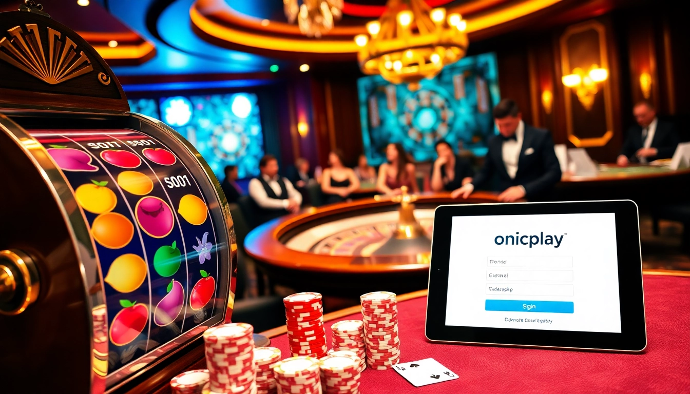 Engage with onicplay login options amidst a vibrant casino atmosphere featuring slot machines and poker chips.